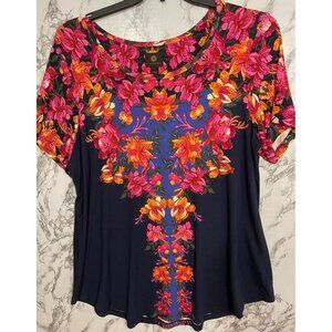 JM Collection Womens 1X Floral Print Tee Intrepid Blue CB Rayon/Spandex Blend